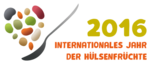 Logo mit unterschiedlichen bunten Hülsenfrüchte, die über einem Löffel fliegen