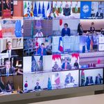 Ein Blick auf den Bildschirm im Konferenzraum des Generalsekretärs António Guterres, während er am außerordentlichen virtuellen Gipfel der Gruppe der Zwanzig (G-20) über die Covid-19-Pandemie teilnimmt.